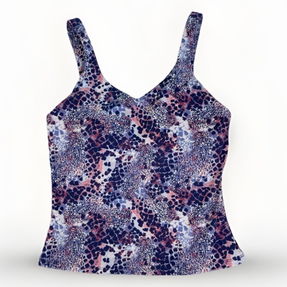 Brisas Tank Top Womens Medium Blue Pink Abstract Animal Print V-Neck Activewear